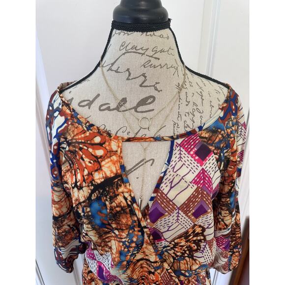 GLAM Women's sz L Boho Tie Dye Printed Dress Slit Sleeve V Faux Wrap - Picture 2 of 6